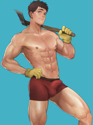 Rule 34 | 1boy, abs, absurdres, axe, bad id, bad pixiv id, blue background, boxer briefs, brown hair, bulge, cowboy shot, erection, erection under clothes, firefighter, gloves, green eyes, hand on own hip, hand up, highres, holding, holding axe, large pectorals, legs apart, light smile, looking at viewer, male focus, male underwear, muscular, muscular male, naoki (xhju8282), navel, navel hair, nipples, original, pectorals, red male underwear, short hair, simple background, solo, standing, underwear, underwear only, yellow gloves