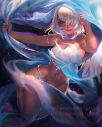 Rule 34 | 1girl, breasts, brown eyes, cleavage, curvy, highres, looking at viewer, navel, open mouth, original, pelvic curtain, sakimichan, short hair, smile, solo, sparkle, stomach, watermark, white hair, wide hips