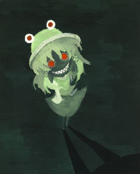 Rule 34 | 1girl, am24, bad id, bad pixiv id, creepy, evil grin, evil smile, female focus, from above, from below, green theme, grin, hat, horror (theme), looking at viewer, moriya suwako, rape face, shadow, sharp teeth, smile, solo, teeth, touhou, traditional media