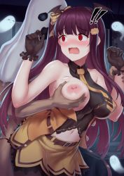 Rule 34 | 1boy, 1girl, bare arms, bare shoulders, belt, blush, grabbing another&#039;s breast, breasts, brown belt, ghost, girls&#039; frontline, gloves, grabbing, hair ornament, hands up, highres, large breasts, long hair, mingke, navel, nipples, official alternate costume, open mouth, purple hair, red eyes, scared, side ponytail, skirt, solo focus, wa2000 (girls&#039; frontline), wa2000 (haunted castle) (girls&#039; frontline), yellow skirt