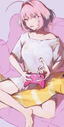 Rule 34 | 1girl, absurdres, ahoge, armored core grip, barefoot, collarbone, controller, couch, crossover, crying emoji, emoji, fang, feet, foot out of frame, frown, game controller, hair between eyes, hair intakes, hamachamu, highres, holding, holding controller, holding game controller, idolmaster, idolmaster cinderella girls, indian style, kiseijuu, migi, multicolored hair, nervous sweating, nintendo switch pro controller, no pants, on couch, open mouth, pink eyes, pink hair, print shirt, shirt, short sleeves, single bare shoulder, sitting, soles, sweat, thighs, two-tone hair, v-shaped eyebrows, white shirt, yellow eyes, yumemi riamu
