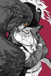 Rule 34 | 1boy, beard, bird, black hair, cross, cross necklace, dracule mihawk, eagle, facial hair, hat, hat feather, highres, jewelry, jyukawa, looking at viewer, male focus, muscular, muscular male, mustache, necklace, one piece, open clothes, ringed eyes, tagme, wings