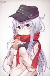 Rule 34 | 1girl, :t, absurdres, anchor symbol, black hat, black sailor collar, blue eyes, blush, breasts, closed mouth, commentary request, eating, enpera, flat cap, food, fringe trim, grey background, hair between eyes, hands up, hat, hibiki (kancolle), highres, holding, holding food, kantai collection, long hair, long sleeves, looking at viewer, neckerchief, red neckerchief, red scarf, roasted sweet potato, sailor collar, scarf, shirt, silver hair, simple background, sleeves past wrists, small breasts, solo, sweet potato, tateishi kureha, upper body, very long hair, white shirt