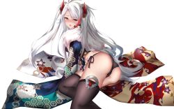 Rule 34 | 1girl, antenna hair, ass, azur lane, black panties, black thighhighs, blush, breasts, brown eyes, floral print, full body, fur trim, japanese clothes, kimono, long hair, long sleeves, looking at viewer, looking back, lying, medium breasts, multicolored hair, nose blush, on side, open mouth, panties, prinz eugen (azur lane), prinz eugen (profusion of flowers) (azur lane), pussy juice, pussy juice trail, red hair, seedkeng, side-tie panties, sideboob, silver hair, simple background, solo, streaked hair, swept bangs, thighhighs, thighs, two side up, underwear, very long hair, white background, wide sleeves