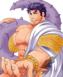 Rule 34 | 1boy, abs, ancient greek clothes, bara, bare pectorals, beckoning, blurry, blurry foreground, come hither, dagon (housamo), facial hair, fish boy, greco-roman clothes, large pectorals, long sideburns, looking at viewer, male focus, muscular, muscular male, no nipples, outstretched hand, pectorals, purple hair, reaching, reaching towards viewer, revision, short hair, sideburns, single bare shoulder, solo, stubble, sunfight0201, tentacles, tokyo houkago summoners, upper body
