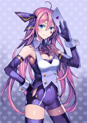Rule 34 | 1girl, ahoge, armpits, between breasts, between fingers, blackjack (vocaloid), blue eyes, bow, bowtie, breasts, buttons, card, cleavage, clothing cutout, covered navel, cowboy shot, detached collar, eyelashes, facial mark, gloves, hair between eyes, hair bow, hand on own hip, heart, heart background, highres, holding, holding card, kaiseki, long hair, looking at viewer, megurine luka, pink bow, pink bowtie, pink hair, playing card, project diva (series), project diva f 2nd, side cutout, sleeveless, smile, solo, thighhighs, unitard, very long hair, vest, vocaloid, wrist cuffs