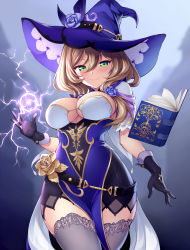 Rule 34 | 1girl, belt, black gloves, blonde hair, book, breasts, cleavage, curvy, dress, electricity, floating, floating book, floating object, flower, genshin impact, gloves, green eyes, hair between eyes, hair flower, hair ornament, hat, hat flower, highres, ivenglynn, jewelry, large breasts, lisa (genshin impact), looking at viewer, purple dress, purple flower, purple hat, rose, smile, solo, spell, standing, thighhighs, thighs, witch hat, wizard hat