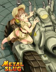 Rule 34 | 1girl, ass, ass cutout, breasts, butt crack, clothing cutout, copyright name, fio germi, full body, gie (gienara), glasses, hat, looking at viewer, metal slug, nipples, ponytail, round eyewear, snk, solo, vehicle