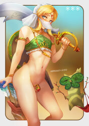 Rule 34 | 1boy, arrow (projectile), artist name, bare shoulders, blonde hair, blue background, blue eyes, blue lips, blurry, blurry background, bottomless, breasts, brown background, bulge, chastity cage, crossdressing, feet out of frame, gerudo set (zelda), gradient background, highres, holding, korok, link, looking at viewer, looking to the side, male focus, medium breasts, midriff, mouth veil, nail polish, navel, nintendo, no panties, parted bangs, pink nails, quiver, scimitar, shadow, shield, shield on back, solo, steamed egg, sword, the legend of zelda, the legend of zelda: breath of the wild, thighs, trap, veil, weapon, white sleeves