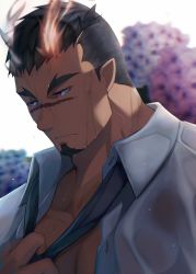 Rule 34 | 1boy, backlighting, bara, black hair, cherry blossoms, collared shirt, crow (siranui), facial hair, fiery horns, forked eyebrows, goatee, highres, horns, looking to the side, male focus, mature male, muscular, muscular male, necktie, open clothes, open shirt, pectoral cleavage, pectorals, pointy ears, portrait, salaryman, scar, scar on face, scar on nose, shirt, short hair, sideburns, solo, tokyo houkago summoners, undercut, undressing, upper body, wet, wet clothes, wet shirt, yoritomo (housamo)