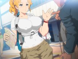 Rule 34 | 1girl, backpack, bag, blonde hair, blue eyes, breasts, holding, holding map, holding paper, large breasts, map, mature female, nighthawk (circle), nipples, orange hair, outdoors, paper, ponytail, shirt, tagme, watch, white shirt, wristband
