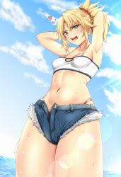 Rule 34 | 1girl, anger vein, arms behind head, blonde hair, blush, braid, breasts, cloud, cloudy sky, fate/apocrypha, fate/grand order, fate (series), flare, fur, fur-trimmed shorts, fur trim, furrowed brow, green eyes, hair ornament, hair scrunchie, hands up, highres, long hair, male underwear, male underwear peek, mordred (fate), mordred (fate/apocrypha), mordred (memories at trifas) (fate), navel, open mouth, ponytail, red scrunchie, ryudraw, scrunchie, shorts, sky, small breasts, solo, underwear, water