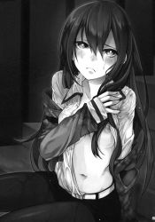 Rule 34 | 1girl, absurdres, belt, breasts, clothes lift, greyscale, highres, kaida michi, pantyhose under shorts, long hair, looking up, makise kurisu, monochrome, navel, nipples, pantyhose, rain, scan, shirt lift, shorts, sitting, sitting on stairs, small breasts, solo, stairs, steins;gate, umisato michiyu, undressing, wet, wet clothes