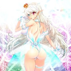 Rule 34 | 1girl, :o, absurdres, arm garter, ass, back, bare shoulders, blue eyes, blush, bodysuit, breasts, covered erect nipples, cowboy shot, crown, earrings, elf, eyes visible through hair, from behind, gem, gloves, glowing, hair between eyes, heterochromia, highres, jewelry, large breasts, leotard, long hair, long pointy ears, looking at viewer, looking back, mini crown, open mouth, original, pointy ears, red eyes, silver hair, skindentation, solo, standing, thigh gap, thigh strap, urepito honke, very long hair, white gloves