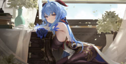 Rule 34 | 1girl, 1s44c, absurdres, ahoge, black bodysuit, black gloves, blue hair, blush, bodysuit, book, book stack, breasts, closed mouth, commentary, crossed arms, day, detached sleeves, drawer, duplicate, english commentary, flower, foot out of frame, from side, ganyu (genshin impact), genshin impact, gloves, goat horns, gold trim, hair between eyes, highres, horns, indoors, ink bottle, large breasts, light blue hair, long hair, looking at viewer, mixed-language commentary, no shoes, pelvic curtain, petals, pixel-perfect duplicate, purple eyes, quill, sideboob, sidelocks, sitting, smile, solo, vase, white flower, wind, window