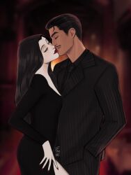 Rule 34 | 1boy, 1girl, addams family, black dress, black hair, black necktie, black shirt, blurry, blurry background, closed eyes, commentary, dress, english commentary, facial hair, formal, freckles, gittanart, gomez addams, hair slicked back, hand in pocket, hetero, highres, jacket, kiss, long hair, loose hair strand, morticia addams, mustache, necktie, profile, red lips, red nails, shirt, striped clothes, striped jacket, suit, vertical-striped clothes, vertical-striped jacket