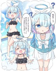 Rule 34 | +++, 1girl, ?, absurdres, arms behind back, arona (blue archive), barefoot, bikini, black bikini, blue archive, blue eyes, blue hair, blue shirt, blue sky, blush, bow, bowing, bowtie, braid, choker, collarbone, commentary request, cowboy shot, flat chest, frilled swimsuit, frills, guriin, hair ornament, hair over one eye, hair ribbon, hairclip, halo, hands up, highres, imagining, leaning forward, leg up, legs, light blue hair, long sleeves, looking at viewer, multiple views, navel, open mouth, outdoors, polka dot, pov, ribbon, sailor collar, shirt, short hair, skirt, sky, smile, sparkle, splashing, stomach, sweat, swimsuit, thighs, thought bubble, translation request, upper body, water, water drop, white bow, white bowtie, white choker, white ribbon, white sailor collar, white skirt