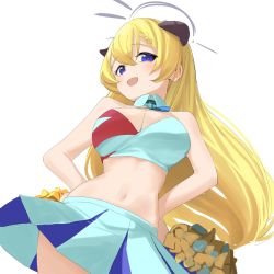 Rule 34 | 1girl, ahoge, akari (blue archive), bare shoulders, blonde hair, blue archive, blue eyes, braid, breasts, cheerleader, cleavage, cowboy shot, crop top, halo, hands on own hips, highres, holding, holding pom poms, horns, large breasts, light blush, midriff, momoeolia, navel, open mouth, pink pupils, pleated skirt, pom pom (cheerleading), pom poms, skirt, sleeveless, smile, solo, white background