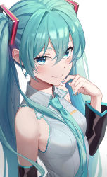 Rule 34 | 1girl, absurdres, aqua hair, aqua necktie, bare shoulders, bib (bibboss39), blue eyes, blue nails, blush, breasts, closed mouth, detached sleeves, hair ornament, hand up, hatsune miku, highres, long hair, looking at viewer, nail polish, necktie, simple background, small breasts, smile, solo, twintails, upper body, vocaloid, white background, wing collar