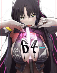 Rule 34 | 1girl, bad id, bad twitter id, bare shoulders, between breasts, bikini, black bikini, black hair, black shirt, blush, body writing, bodystocking, breasts, cleavage, clothes lift, duplicate, facial mark, fate/grand order, fate (series), forehead mark, halterneck, highres, large breasts, long hair, looking at viewer, multicolored hair, necktie, open mouth, parted bangs, pink hair, pink necktie, sessyoin kiara, sessyoin kiara (swimsuit mooncancer), sessyoin kiara (swimsuit mooncancer) (second ascension), shirt, shirt lift, solo, streaked hair, swimsuit, syatey, tongue, tongue out, traffic baton, very long hair, yellow eyes