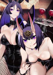 Rule 34 | 2girls, absurdres, alcohol, animal ears, bare shoulders, black leotard, bob cut, breasts, cleavage, collarbone, cup, detached collar, drinking glass, eyeliner, fake animal ears, fate/grand order, fate (series), fishnet legwear, fishnets, headpiece, highleg, highleg leotard, highres, horns, large breasts, leaning forward, leotard, licking lips, long hair, looking at viewer, makeup, medium breasts, minamoto no raikou (fate), multiple girls, oni, pantyhose, parted bangs, playboy bunny, purple eyes, purple hair, rabbit ears, san (harutuki 3), short hair, shuten douji (fate), skin-covered horns, smile, tongue, tongue out, tray, very long hair, wine, wine glass, wrist cuffs