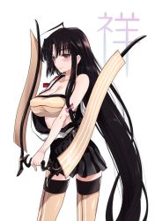 Rule 34 | 10s, 1girl, asymmetrical clothes, bandeau, black hair, bow (weapon), breasts, brown eyes, brown hair, brown thighhighs, holding, holding weapon, huge breasts, japanese clothes, kantai collection, long hair, looking at viewer, low twintails, off shoulder, parted bangs, pleated skirt, shouhou (kancolle), simple background, skirt, smile, solo, sumeragi hamao, thighhighs, twintails, very long hair, weapon, zettai ryouiki