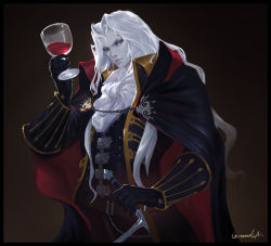 Rule 34 | 1boy, absurdres, alucard (castlevania), bishounen, black gloves, blue eyes, cape, castlevania: symphony of the night, castlevania (series), cup, dhampir, drinking glass, gloves, gradient background, grandia lee, half-human, hand on hilt, highres, long hair, male focus, pale skin, solo, sword, undead, vampire, weapon, white hair, wine glass