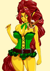 Rule 34 | 1girl, battle circuit, capcom, colored skin, green eyes, green leotard, leotard, pointy ears, red hair, red nails, yellow beast, yellow skin