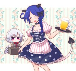 Rule 34 | 2girls, :x, alcohol, animal ears, apron, beer, beer mug, black bow, black choker, blue hair, blush, blush stickers, bow, bowtie, braid, breasts, choker, cleavage, closed eyes, collarbone, cup, dirndl, doremy sweet, dress, floral background, food, fork, german clothes, hair bow, kishin sagume, knife, medium breasts, mug, multiple girls, no headwear, open mouth, polka dot, polka dot dress, puffy short sleeves, puffy sleeves, red eyes, red neckwear, sausage, shiohachi, shirt, short sleeves, silver hair, single braid, single wing, skirt hold, smile, striped apron, striped clothes, striped shirt, tail, tapir ears, tapir tail, touhou, tray, waist apron, white wings, wings