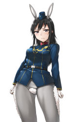 Rule 34 | 1girl, animal ears, animal print, arms at sides, black hair, blush, breasts, closed mouth, cosplay, cowboy shot, embarrassed, fake animal ears, frown, garrison cap, gloves, grey eyes, grey pantyhose, hashi, hat, highres, long hair, looking at viewer, medium breasts, military, military uniform, miyamae tooru, pantyhose, rabbit ears, rabbit print, seiren, simple background, solo, standing, thighs, uniform, white background, white gloves