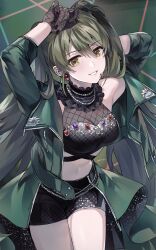 Rule 34 | 1girl, armpits, artist name, black nails, black shorts, bow, breasts, chain, choker, cleavage, crop top, earrings, fishnet gloves, fishnets, frilled choker, frills, gloves, green eyes, green hair, green jacket, highres, idolmaster, idolmaster shiny colors, jacket, jacket partially removed, jewelry, kwanmaengg, long hair, looking at viewer, medium breasts, microphone, midriff, nanakusa nichika, navel, necklace, open mouth, see-through, short shorts, shorts, smile, solo, thighs