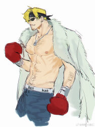 Rule 34 | 1boy, arm hair, bara, bare pectorals, black headband, blonde hair, boxing gloves, chest hair, coat, coat on shoulders, cropped legs, curly eyebrows, facial hair, goatee stubble, hair over one eye, hairy, headband, highres, jewelry, large pectorals, male focus, mature male, muscular, muscular male, mustache stubble, navel hair, necklace, nipples, one piece, pectorals, sanji (one piece), short hair, solo, stubble, sunglasses, sweetdou3, unfinished, white background