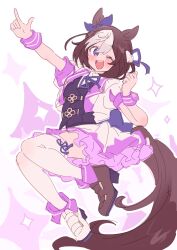 Rule 34 | 1girl, ;d, absurdres, animal ears, ankle boots, arm up, asymmetrical footwear, black vest, blue bow, blue ribbon, blush, boots, bow, brown hair, brown tail, clenched hand, cropped jacket, fold-over boots, frilled skirt, frills, hair bow, hair ribbon, hand up, high heel boots, high heels, highres, horse ears, horse girl, horse tail, jacket, lapels, legs up, looking at viewer, miniskirt, mismatched footwear, multicolored clothes, multicolored hair, multicolored jacket, neck ribbon, one eye closed, open mouth, paru rari, pink jacket, pink skirt, pink wrist cuffs, pointing, purple eyes, ribbon, short hair, sidelocks, simple background, sketch, skirt, smile, solo, sparkle, special week (umamusume), tail, thighhighs, two-tone hair, two-tone jacket, two-tone skirt, umamusume, vest, white background, white hair, white jacket, white skirt, white thighhighs, wrist cuffs