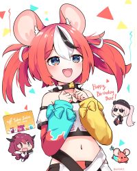 Rule 34 | 3girls, :d, absurdres, animal ear fluff, animal ears, artist name, bare shoulders, black hair, blue eyes, chibi, collar, commentary, english commentary, hair between eyes, hakos baelz, happy birthday, highres, hololive, hololive english, horns, irys (hololive), midriff, mori calliope, mouse ears, mr. squeaks (hakos baelz), multicolored hair, multiple girls, namiorii, navel, open mouth, red hair, simple background, smile, solo focus, spiked collar, spikes, streaked hair, sunglasses, twintails, virtual youtuber, white background, white hair