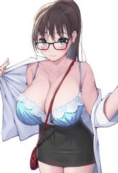 Rule 34 | 1girl, absurdres, bag, bare shoulders, black-framed eyewear, blue bra, blush, bra, breasts, brown hair, cleavage, closed mouth, clothes pull, collarbone, cowboy shot, dress shirt, eyebrows hidden by hair, floral print, glasses, green eyes, hair between eyes, handbag, highres, himeliofon, huge breasts, long hair, looking at viewer, miniskirt, mole, mole on breast, office lady, open clothes, open shirt, original, pencil skirt, pointy breasts, ponytail, shirt, shirt pull, simple background, skindentation, skirt, solo, underwear, undressing, upturned eyes, white background, white shirt