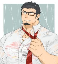 Rule 34 | 1boy, bara, black eyes, black hair, borrowed character, bursting pectorals, buttons, clenched teeth, collared shirt, facial hair, glasses, goatee, harada-san, large pectorals, looking at viewer, looking to the side, male focus, muscular, necktie, necktie grab, neckwear grab, original, partially unbuttoned, pectoral cleavage, pectorals, red necktie, salaryman, see-through, shirt, short hair, sideburns, solo, stubble, teeth, upper body, wet, wet clothes, white shirt, yanutorie