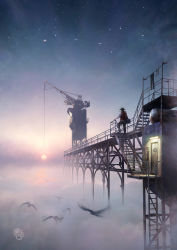 Rule 34 | 1boy, above clouds, ag+ (atelieriji), bird, cloud, crane (animal), green hat, hat, highres, ladder, laundry, light, lunchbox, male focus, original, outdoors, pants, parka, pipe in mouth, scenery, shirt, signature, sky, smoking pipe, socks, solo, space, stairs, star (sky), starry sky, sun, white shirt, wide shot