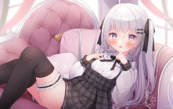 Rule 34 | 1girl, :o, ahoge, black thighhighs, blush, bow, chair, cowboy shot, crossed bangs, dated, frilled straps, grey hair, hair between eyes, hair bow, hair ornament, hair ribbon, hand up, knees together feet apart, long sleeves, looking at viewer, omochi monaka, open mouth, original, over-kneehighs, pillow, pleated skirt, purple eyes, ribbon, sample watermark, shirt, signature, skirt, solo, sparkle, tassel, thigh strap, thighhighs, thighs, two side up, virtual youtuber, watermark, white shirt