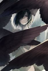 Rule 34 | 1girl, black eyes, black hair, black wings, closed mouth, covering privates, elona, feathered wings, frown, groin, hair over one eye, hands up, herayoshi, highres, looking at viewer, lulwy of wind, multiple wings, nude, one eye covered, red wings, short hair, solo, twitter username, upper body, white wings, wings