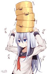 Rule 34 | 1girl, absurdres, black legwear, blouse, blue eyes, blush, breasts, bucket, bucket on head, closed mouth, hair between eyes, hair ornament, hibiki (kancolle), highres, kantai collection, long hair, long sleeves, looking at viewer, neckerchief, object on head, one-hour drawing challenge, red neckerchief, school uniform, serafuku, shirt, silver hair, simple background, small breasts, smile, solo, sweatdrop, tateishi kureha, white background, white shirt