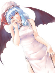 Rule 34 | 1girl, aged up, alternate costume, bad id, bad pixiv id, bat wings, blue hair, china dress, chinese clothes, dress, female focus, hat, long hair, mochi.f, red eyes, remilia scarlet, simple background, smile, solo, touhou, wings