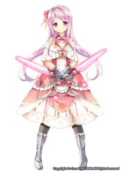 Rule 34 | 1girl, black pantyhose, boots, bow, dress, dual wielding, flower, flower knight girl, full body, gloves, hair flower, hair intakes, hair ornament, holding, kurot, long hair, looking at viewer, armored boots, official art, pantyhose, pink bow, pink hair, red eyes, sangobana (flower knight girl), smile, solo, standing, sword, weapon, white background
