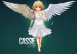 Rule 34 | 10s, 1girl, 2011, angel, angel wings, artist name, asymmetrical wings, barefoot, blonde hair, borrowed character, cassie (acerailgun), character name, cyborg, dated, dress, feathered wings, feathers, full body, grey eyes, hand on own chest, md5 mismatch, single mechanical arm, mechanical wings, original, resized, sam gelua, sleeveless, sleeveless dress, solo, watermark, web address, white dress, wings