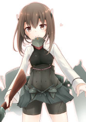 Rule 34 | 10s, 1girl, bike shorts, bow (weapon), brown eyes, brown hair, crossbow, flat chest, headband, headgear, heart, highres, kantai collection, looking at viewer, mitsukii, personification, pleated skirt, short hair, skirt, smile, solo, taihou (kancolle), thighhighs, weapon