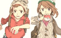 Rule 34 | 1boy, 1girl, backpack, bag, beanie, blurry, brown bag, brown eyes, brown hair, buttons, cable knit, cardigan, collared dress, commentary request, creatures (company), dress, game freak, gloria (pokemon), green headwear, grey cardigan, grey headwear, hand up, hat, holding, holding poke ball, hooded cardigan, matsuri (matsuike), nintendo, open mouth, pink dress, plaid, poke ball, poke ball (basic), pokemon, pokemon swsh, red shirt, shirt, short hair, sleeves rolled up, suitcase, swept bangs, tam o&#039; shanter, teeth, tongue, victor (pokemon), white background