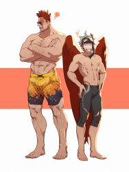 Rule 34 | 2boys, abs, arm hair, bara, bare pectorals, black male swimwear, blonde hair, blue eyes, boku no hero academia, chest hair, couple, crossed arms, diving mask, diving mask on head, endeavor (boku no hero academia), facial hair, feathered wings, fukurau, full body, goggles, goggles on head, hairy, hawks (boku no hero academia), highres, jammers, large pectorals, leg hair, male focus, male swimwear, mature male, multiple boys, muscular, muscular male, navel, nipples, orange male swimwear, pectorals, red hair, scar, scar across eye, scar on face, short hair, sideburns, smile, spiked hair, stubble, swim trunks, toned, toned male, wings