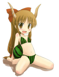 Rule 34 | 1girl, :d, arm support, barefoot, bikini, bikini top only, blush, brown eyes, brown hair, fang, female focus, flat chest, food, food-themed clothes, food print, fruit, green bikini, holding, holding food, holding fruit, horns, ibuki suika, kazami ruku, leaning back, long hair, looking at viewer, low-tied long hair, name connection, no nose, object namesake, oni, open mouth, pun, ribbon, sitting, smile, solo, swimsuit, touhou, very long hair, wariza, watermelon, watermelon print