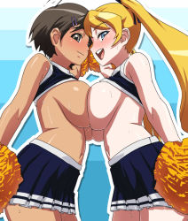 Rule 34 | 2girls, :d, ahoge, bare shoulders, blonde hair, blue eyes, blush, breast press, breasts, brown eyes, brown hair, cheerleader, cleavage, clothes lift, dark-skinned female, dark skin, forehead-to-forehead, hair ornament, hair ribbon, hairclip, heads together, imminent kiss, large breasts, long hair, midriff, multiple girls, naughty face, navel, no bra, open mouth, original, pleated skirt, pom pom (cheerleading), ribbon, shirt, shirt lift, short hair, sideboob, skirt, sleeveless, sleeveless shirt, smile, standing, sweat, symmetrical docking, tan, twintails, underboob, uniform, usatarou, very long hair, yuri