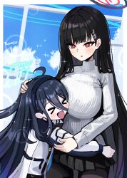 Rule 34 | &gt; &lt;, 2girls, absurdly long hair, absurdres, aris (blue archive), black hair, black pantyhose, black skirt, blue archive, blue necktie, blush, breasts, green halo, hair ornament, hairpin, halo, highres, huge breasts, jacket, large breasts, long hair, long sleeves, multiple girls, necktie, open mouth, pantyhose, parted lips, pleated skirt, red eyes, ribbed sweater, rio (blue archive), signature, skirt, smile, sweater, thomason366, turtleneck, turtleneck sweater, very long hair, white jacket, white sweater