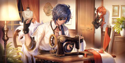 Rule 34 | 2boys, black gloves, blue hair, chair, closed mouth, commission, dark skin, diluc (genshin impact), door, earrings, eyepatch, food, fruit, fylus, genshin impact, gloves, hair between eyes, highres, jacket, jewelry, kaeya (genshin impact), lamp, long hair, long sleeves, male focus, mannequin, multiple boys, muscular, necklace, needle, opening door, paper, picture frame, ponytail, red eyes, red hair, scissors, sewing machine, shirt, smile, strawberry, yarn